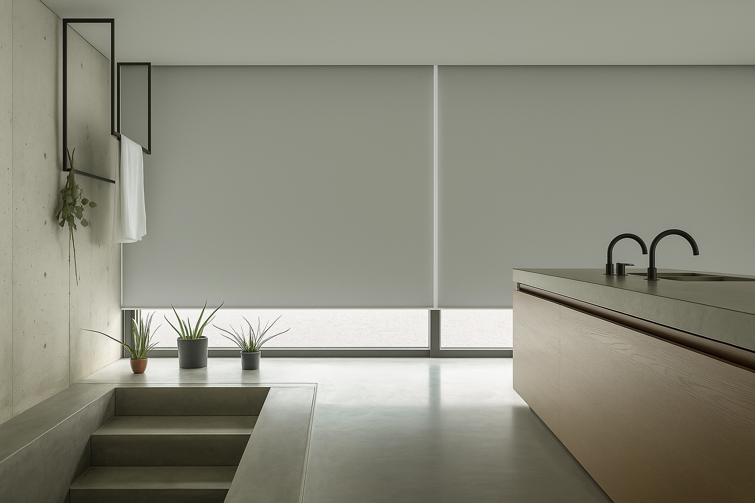 Cortina roller blackout gris instalada en living room en Rancagua